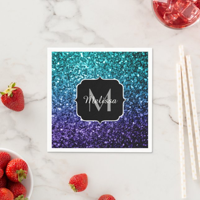 Aqua blue Ombre faux glitter sparkles Monogram Napkin (Insitu)