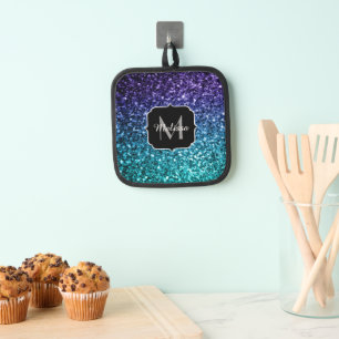 Aqua blue ombre faux glitter sparkles Monogram Pot Holder