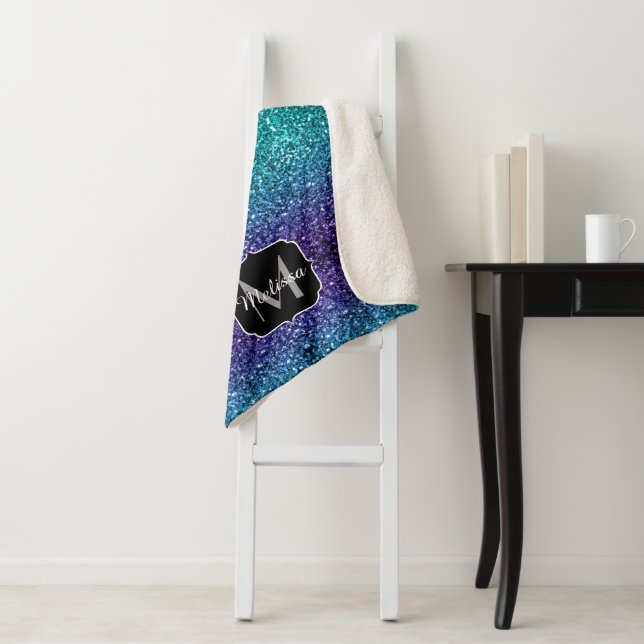 Aqua blue Ombre faux glitter sparkles Monogram Sherpa Blanket (In Situ)