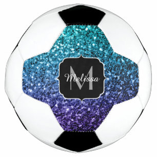 Aqua blue ombre faux glitter sparkles Monogram Soccer Ball