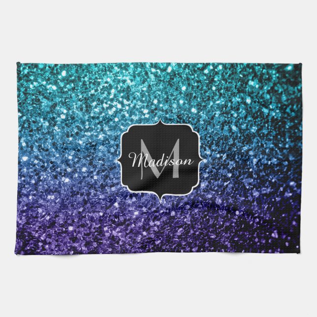 Aqua blue Ombre faux glitter sparkles Monogram Tea Towel (Horizontal)