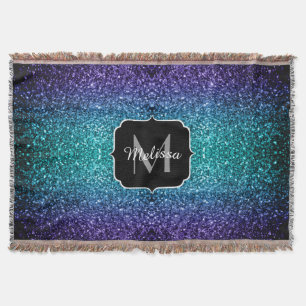 Aqua blue Ombre faux glitter sparkles Monogram Throw Blanket