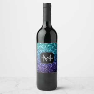 Aqua blue Ombre faux glitter sparkles Monogram Wine Label