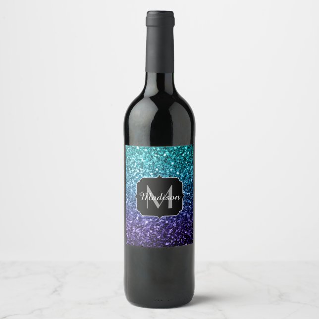 Aqua blue Ombre faux glitter sparkles Monogram Wine Label (Front)