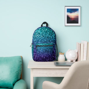 Aqua blue ombre faux glitter sparkles printed backpack