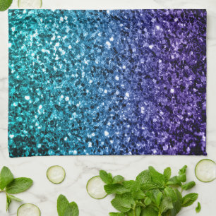 Aqua blue Ombre faux glitter sparkles Tea Towel