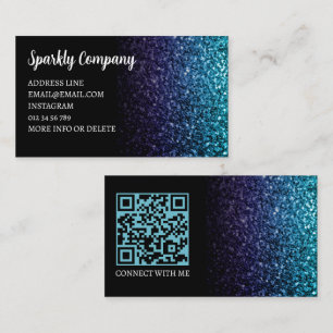 Aqua blue Ombre faux sparkle black elegant QR code Business Card
