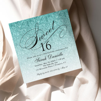 Aqua Blue Ombre Glam Glitter Sweet 16 Square Invitation