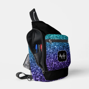 Aqua blue ombre glitter sparkles Black Monogram Sling Bag