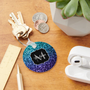 Aqua blue Ombre glitter sparkles Monogram Key Ring
