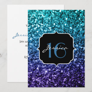 Aqua blue Ombre glitter sparkles Sweet 16 Invite