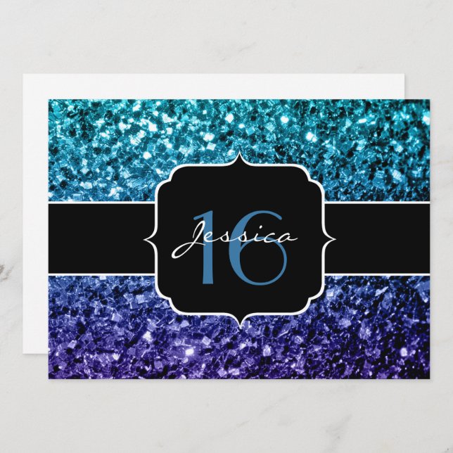Aqua blue Ombre glitter sparkles Sweet 16 Invite (Front/Back)