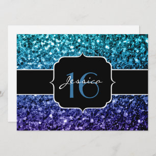 Aqua blue Ombre glitter sparkles Sweet 16 Invite