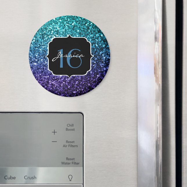 Aqua blue Ombre glitter sparkles Sweet 16 Magnet (In Situ (Fridge))