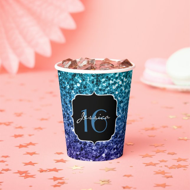 Aqua blue Ombre glitter sparkles Sweet 16 Paper Cups (Insitu)