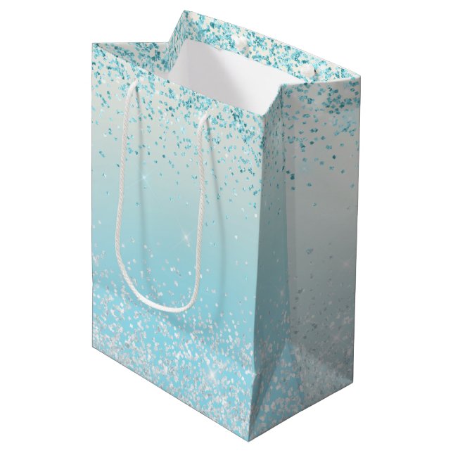 Aqua Blue Ombre Glitzy Sparkle Glitter Medium Gift Bag (Front Angled)
