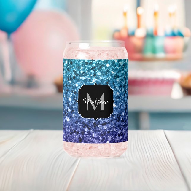 Aqua blue Ombre sparkles Custom Monogram Can Glass (Insitu (Baby Shower))