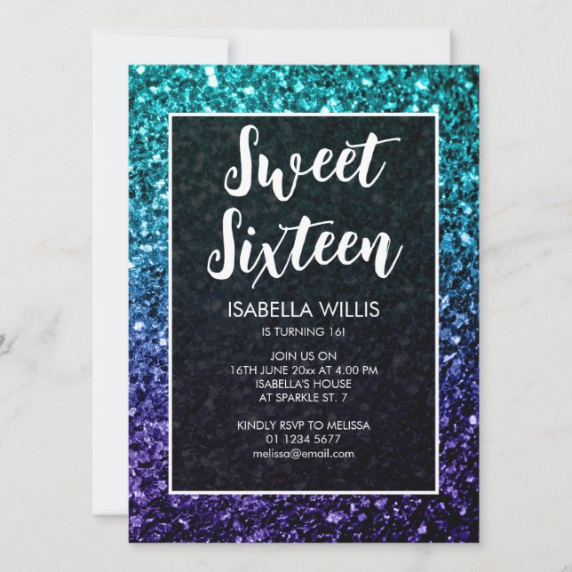 Aqua blue Ombre sparkles Sweet 16 elegant script Invitation (Front)