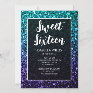 Aqua blue Ombre sparkles Sweet 16 elegant script Invitation