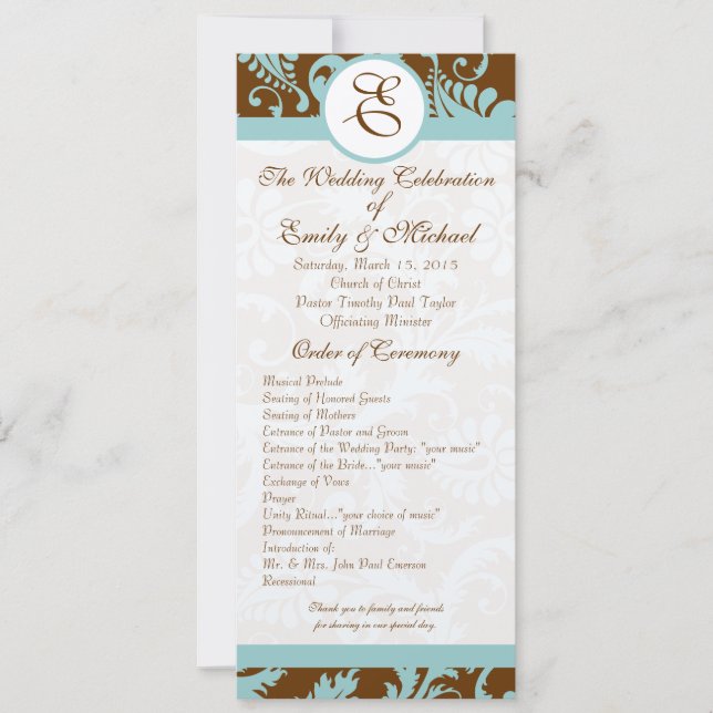 Aqua Blue on Brown Damask Swirl Wedding Invitation (Front)