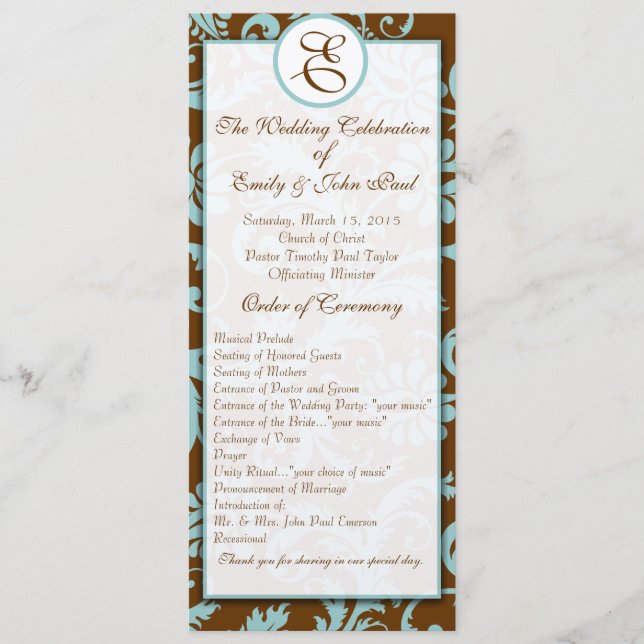 Aqua Blue on Brown Damask  Wedding Program Programme (Front)