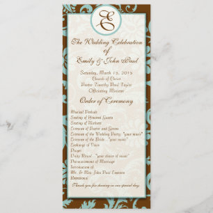 Aqua Blue on Brown Damask Wedding Program Programme