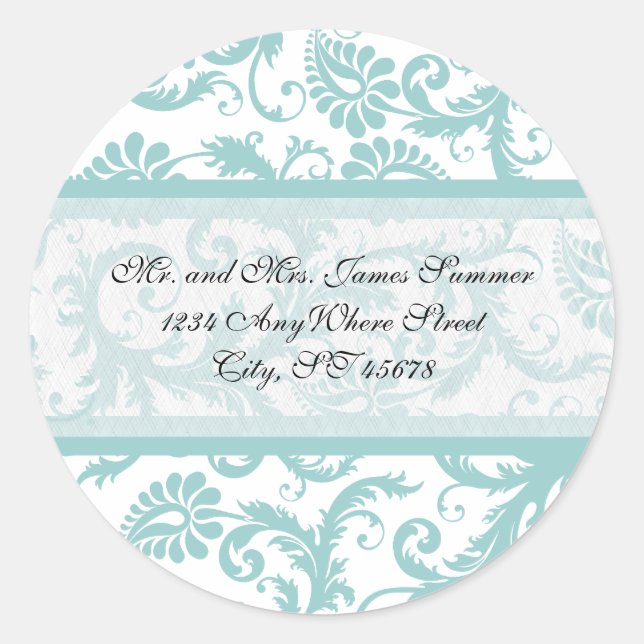 Aqua Blue on White Damask Address Wedding Stickers (Front)