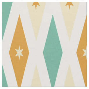 Aqua Blue Orange Cream Diamonds Stars Mid Century Fabric