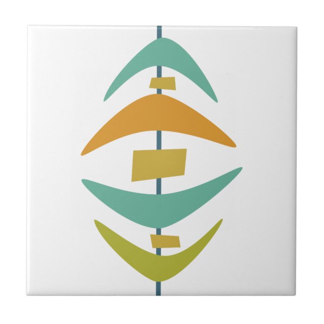 Aqua Blue Orange Green Retro Boomerang Mid Century Tile (Front)