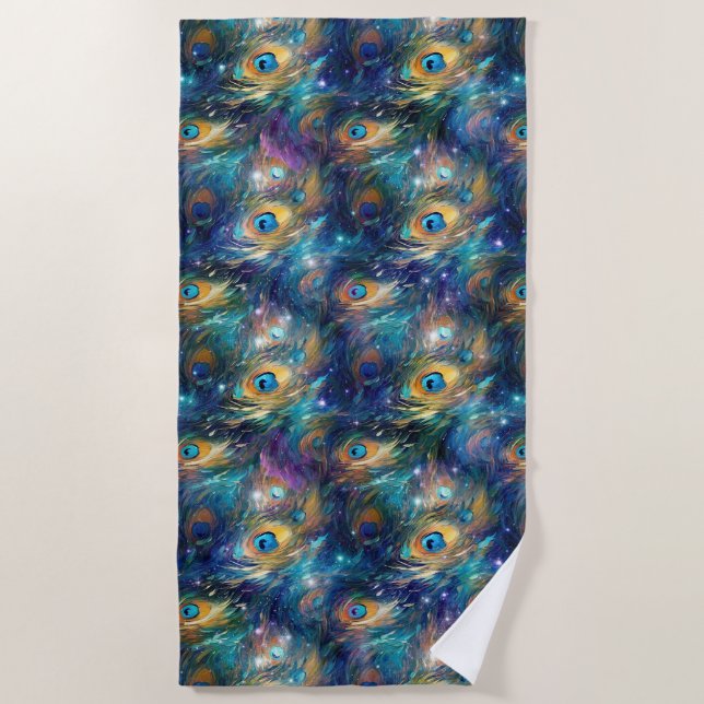 Aqua Blue Painted Peacock Feathers Beach Towel (Front)