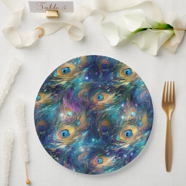Aqua Blue Painted Peacock Feathers Paper Plate (Wedding)