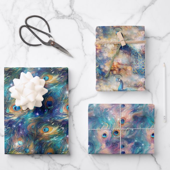 Aqua Blue Painted Peacock Feathers Wrapping Paper Sheet (Front)