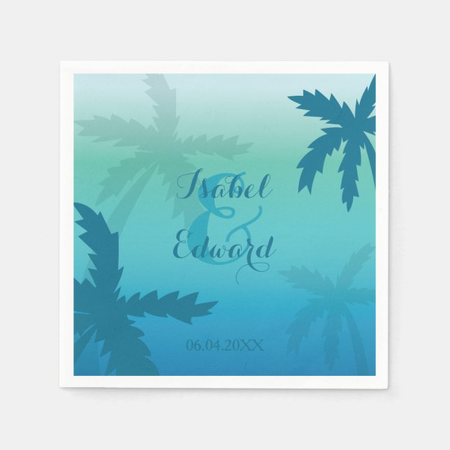 Aqua Blue Palm Trees With Names And Date Wedding Napkin (Front)