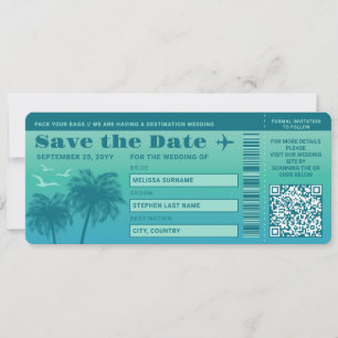 Aqua Blue Palms Faux Boarding Pass Save The Date Invitation