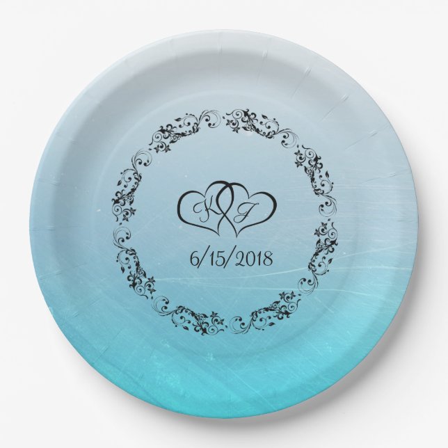 Aqua Blue Personalised Wedding Paper Plates (Front)
