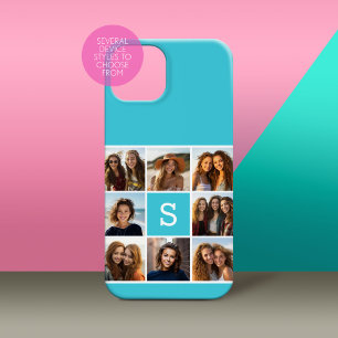 Aqua Blue Photo Collage Custom Monogram iPhone 15 Case