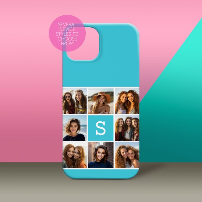 Aqua Blue Photo Collage Custom Monogram Case-Mate iPhone Case (Personalized Phone Case with Custom Photos and Text - Pick Your Device Style)