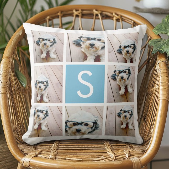 Aqua Blue Photo Collage Custom Monogram Cushion (Custom Photo Pillow - Add Your Own Pics!)