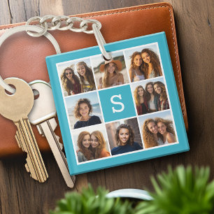 Aqua Blue Photo Collage Custom Monogram Key Ring