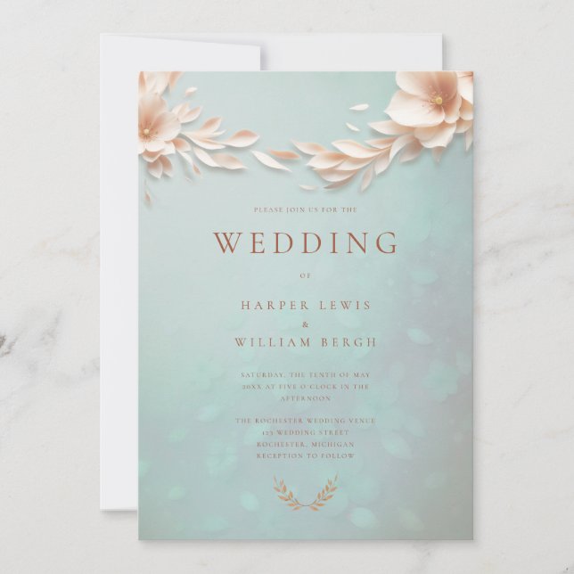 Aqua blue pink floral wedding invitation (Front)