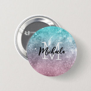 Aqua blue Pink ombre sea galaxy abstract Monogram 6 Cm Round Badge