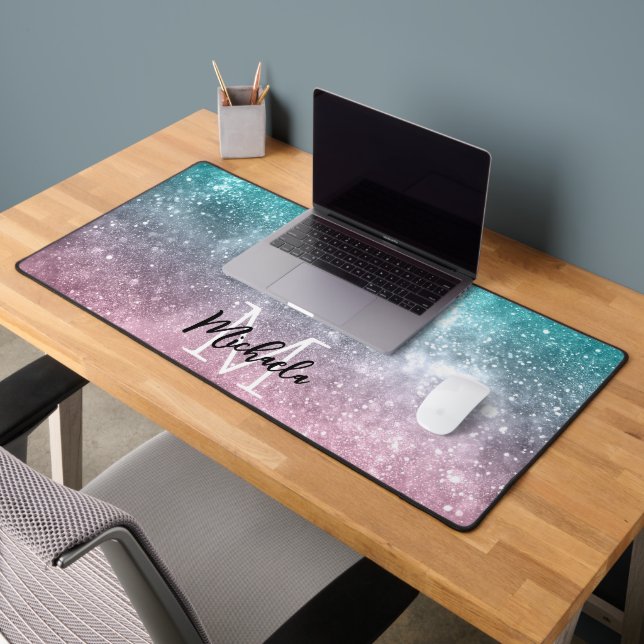 Aqua blue Pink ombre sea galaxy abstract Monogram Desk Mat (Office 2)