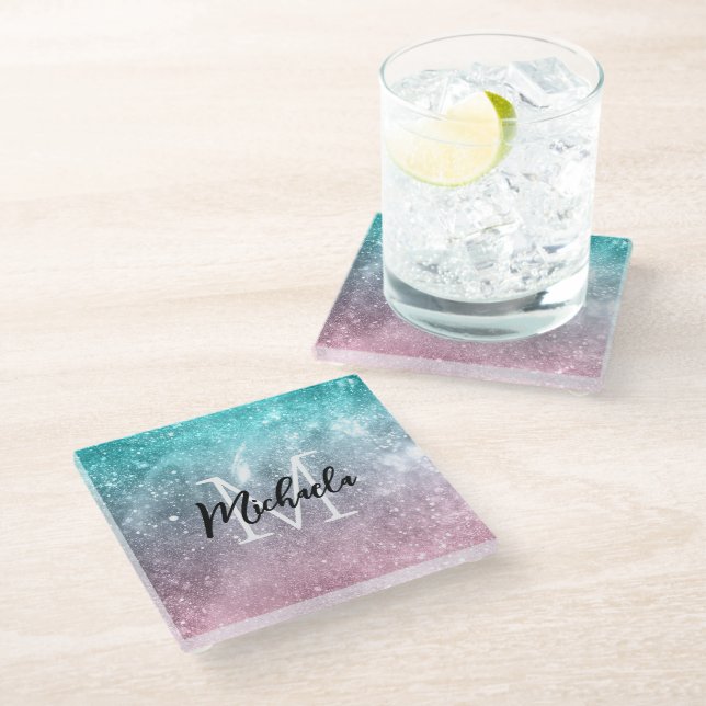 Aqua blue Pink ombre sea galaxy abstract Monogram Glass Coaster (Angled)