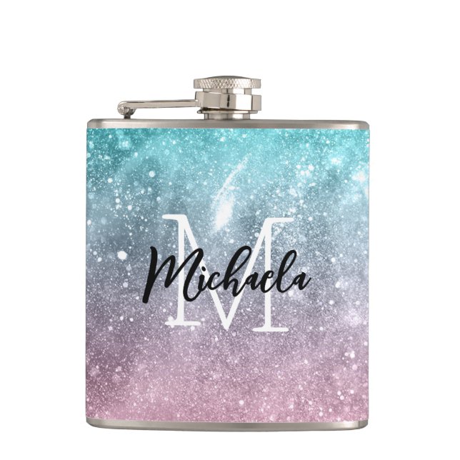 Aqua blue Pink ombre sea galaxy abstract Monogram Hip Flask (Front)