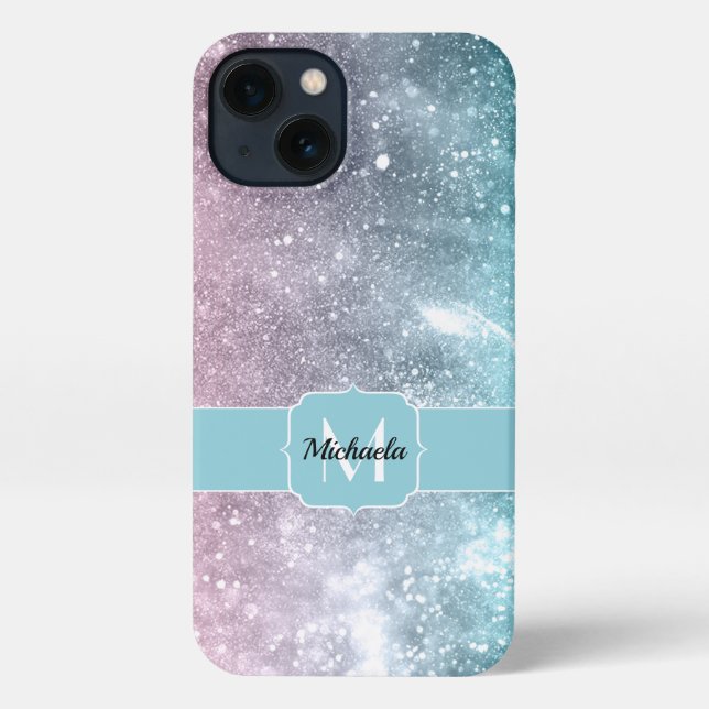 Aqua blue Pink ombre sea galaxy abstract Monogram iPhone Case (Back)