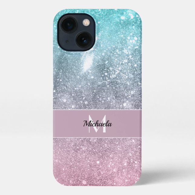 Aqua blue Pink ombre sea galaxy abstract Monogram iPhone Case (Back)