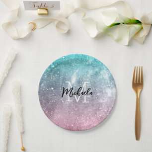 Aqua blue Pink ombre sea galaxy abstract Monogram Paper Plate