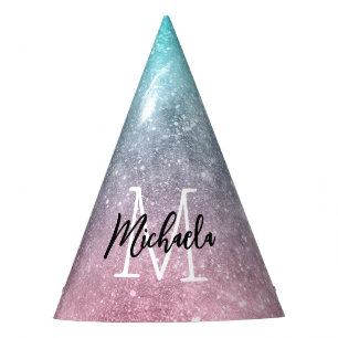 Aqua blue Pink ombre sea galaxy abstract Monogram Party Hat
