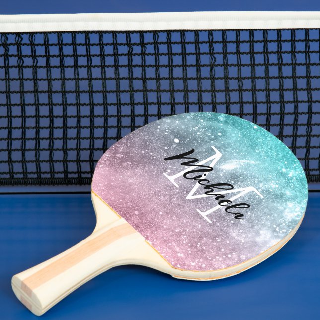 Aqua blue Pink ombre sea galaxy abstract Monogram Ping Pong Paddle (Insitu)