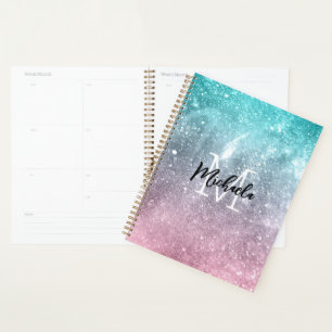Aqua blue Pink ombre sea galaxy abstract Monogram Planner